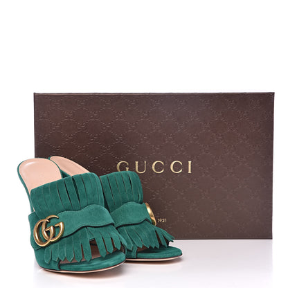 Gucci Kid Scamosciato GG Marmont Fringe 105mm Slide Sandals 37 Emerald 8 of 8