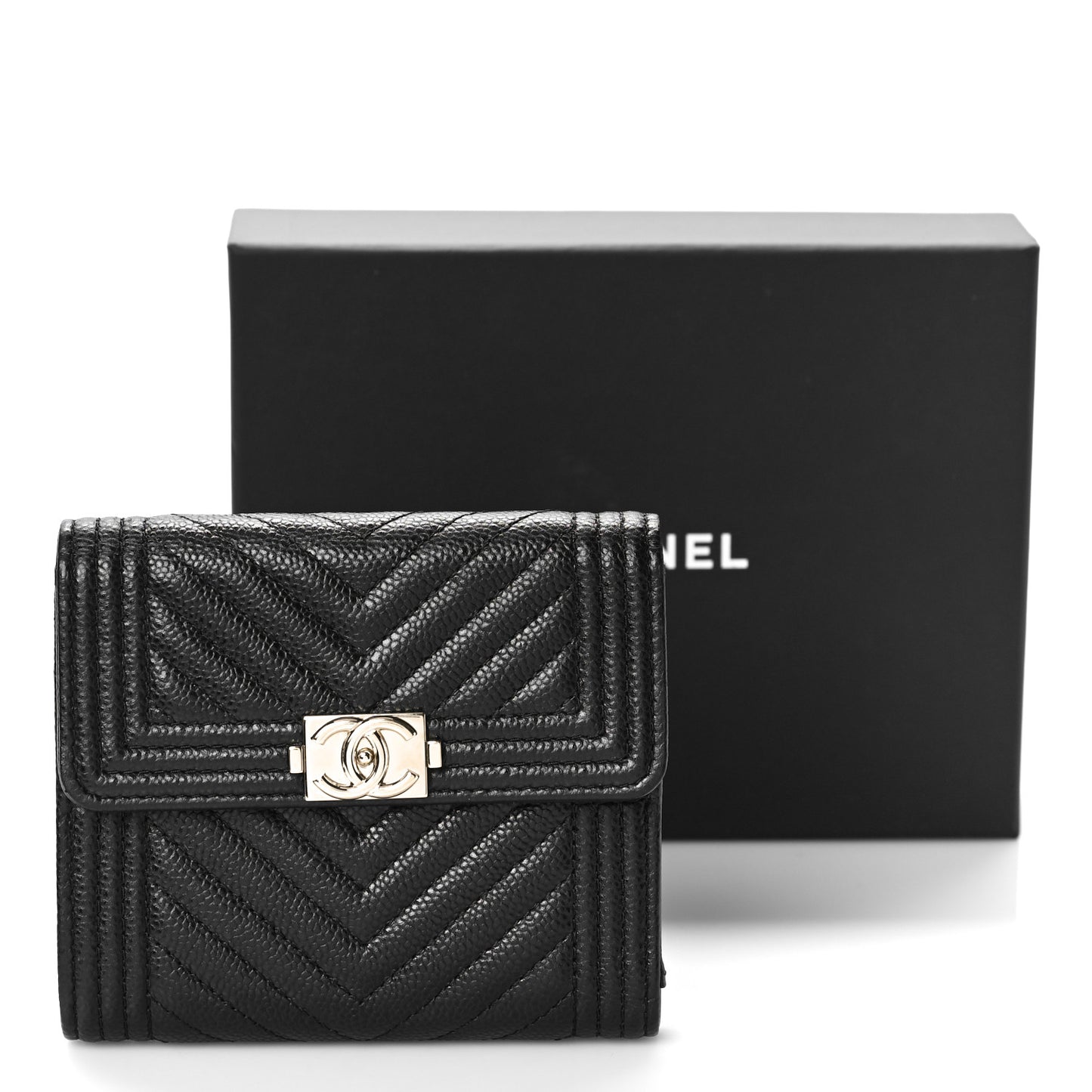 Caviar Chevron Quilted Boy Compact Wallet Black