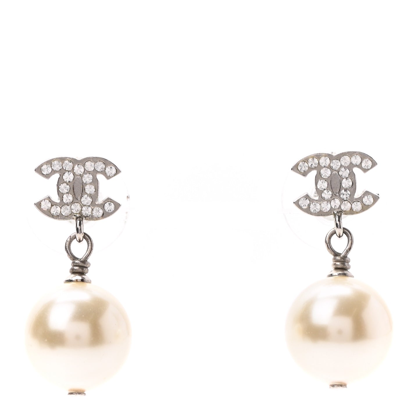 Crystal Pearl CC Drop Earrings Silver