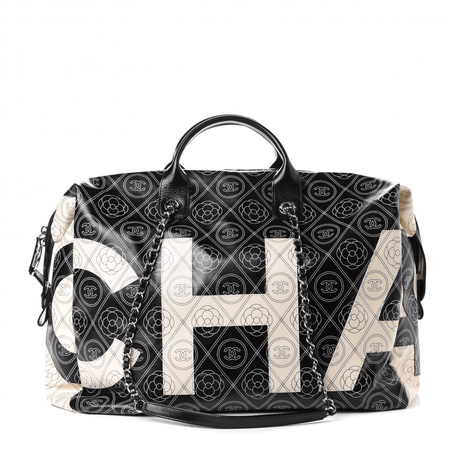 Chanel Coated Canvas Camellia Bowler Black Beige 1 of 5