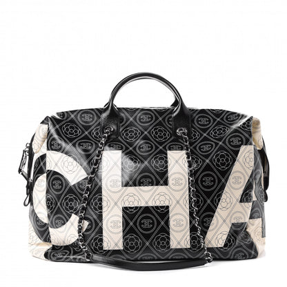 Chanel Coated Canvas Camellia Bowler Black Beige 1 of 5