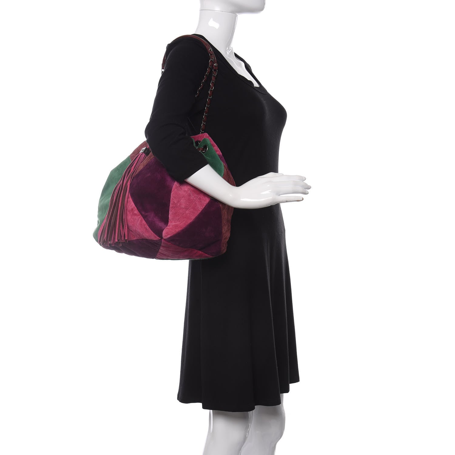 Chanel Suede Quilted Patchwork Drawstring Bag Green Pink Purple Burgundy 2 of 11