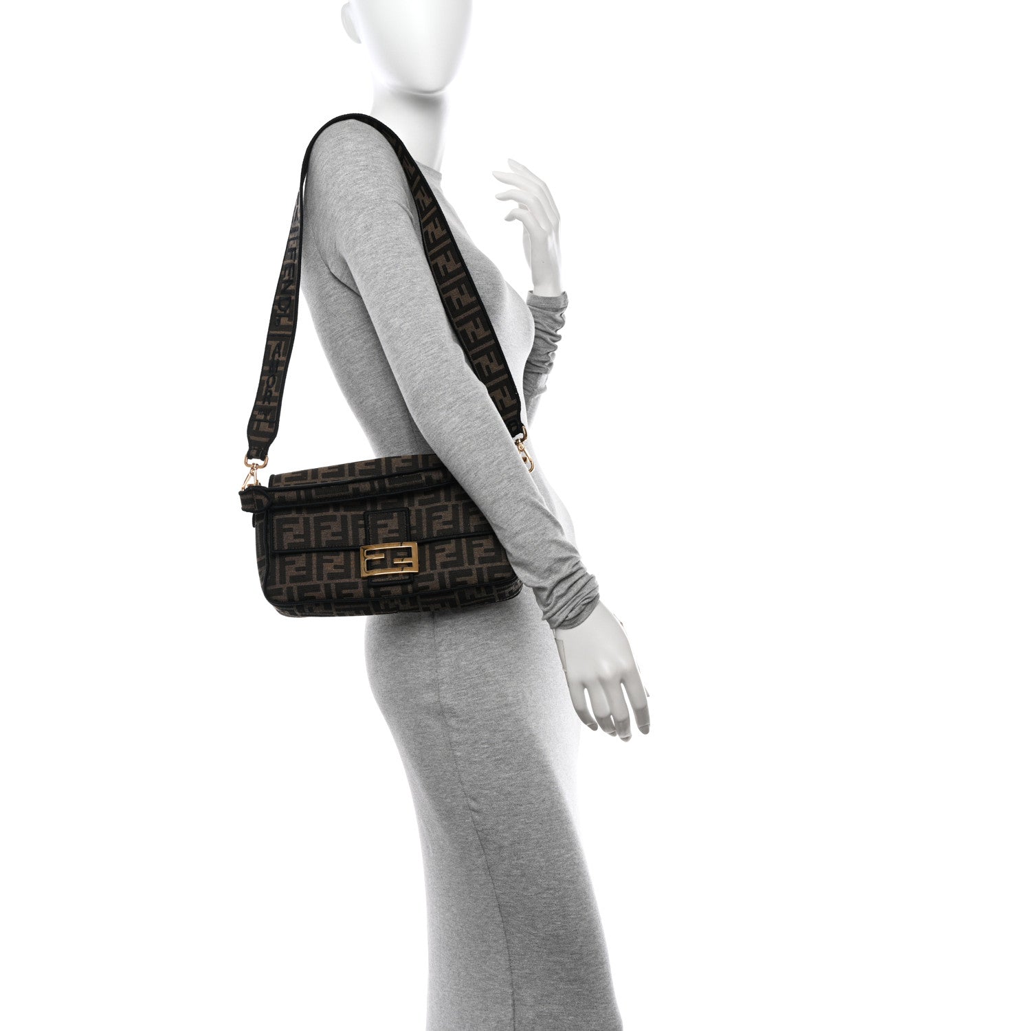 Fendi Fabric Jacquard FF 1974 Medium Baguette Tobacco Moro Black 2 of 12