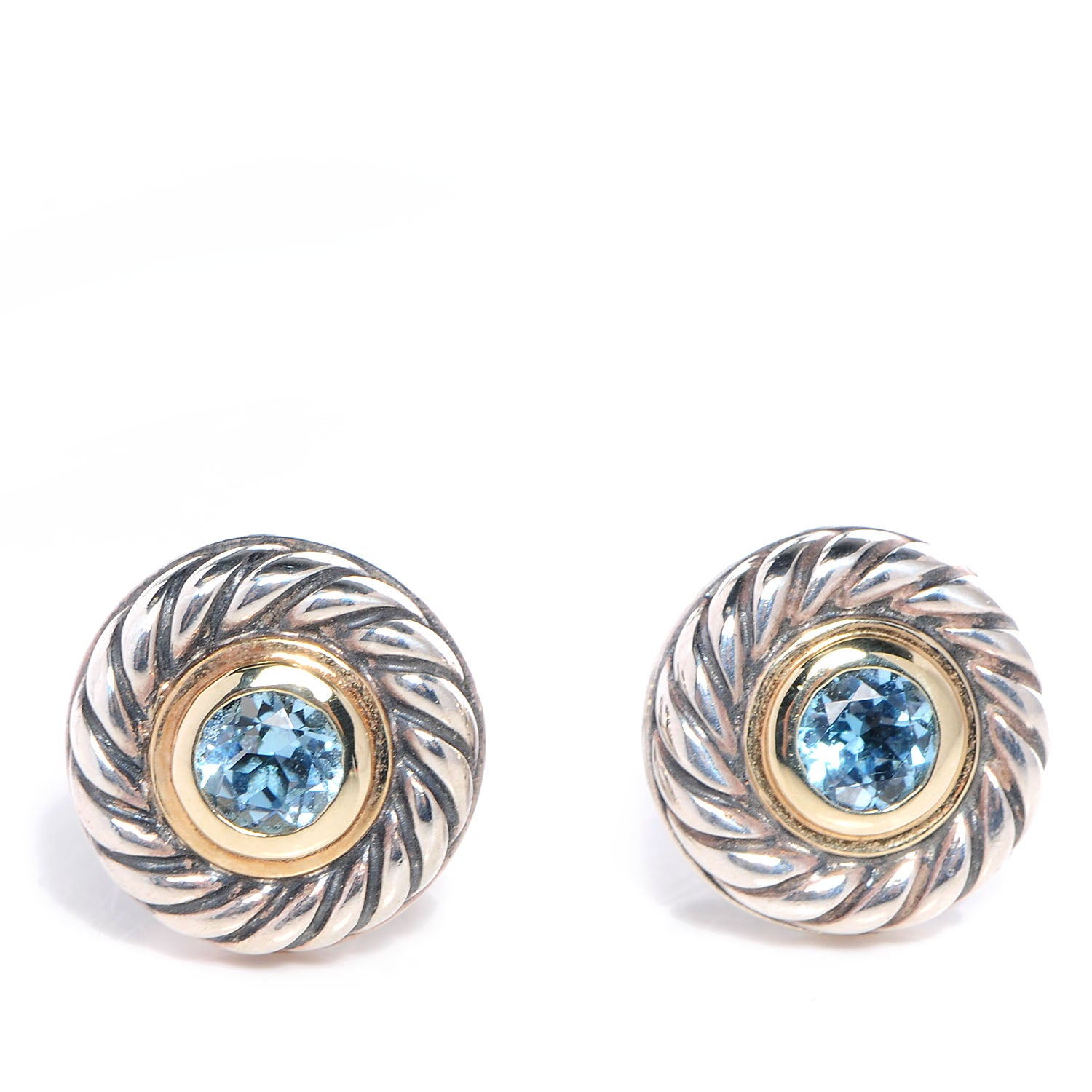 David Yurman Sterling Silver 14K Yellow Gold Blue Topaz Cookie Cable Earrings 1 of 5