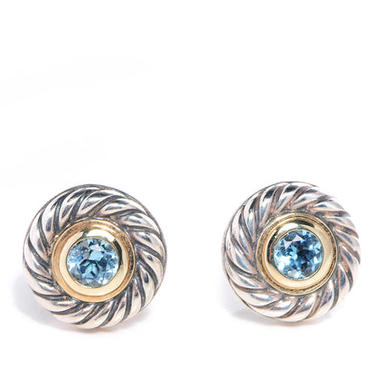 David Yurman Sterling Silver 14K Yellow Gold Blue Topaz Cookie Cable Earrings 1 of 5