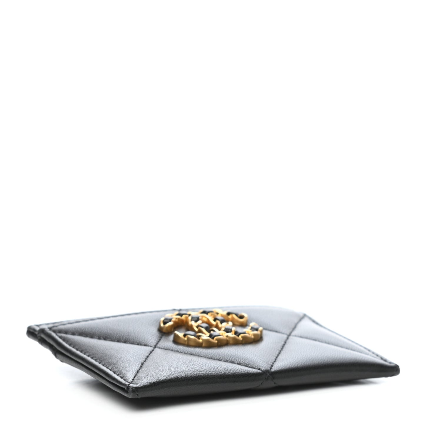 Shiny Goatskin Quilted Chanel 19 Card Holder Black