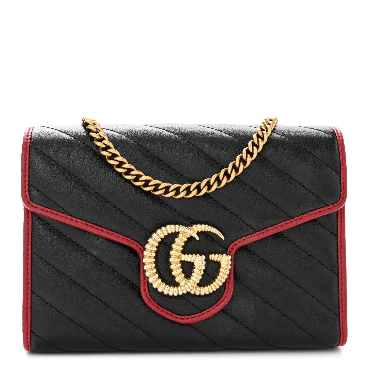 Gucci Vintage Effect Calfskin Matelasse Diagonal Torchon GG Marmont Chain Wallet Black Romantic Cherry 1 of 11