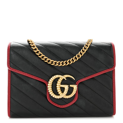Gucci Vintage Effect Calfskin Matelasse Diagonal Torchon GG Marmont Chain Wallet Black Romantic Cherry 1 of 11