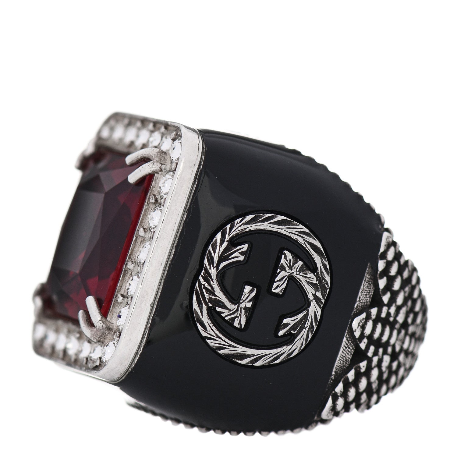 Gucci Sterling Silver Enamel Crystal Signet Ring Red 50 5.25 3 of 7