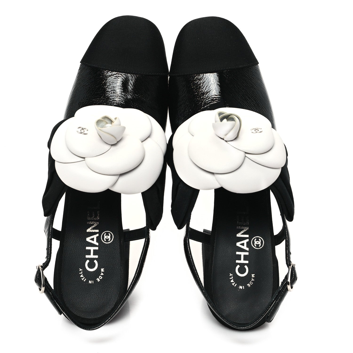Chanel Crumpled Shiny Fabric Grosgrain Cap Toe Camellia Bow Slingback Pumps 38 Black 2 of 10