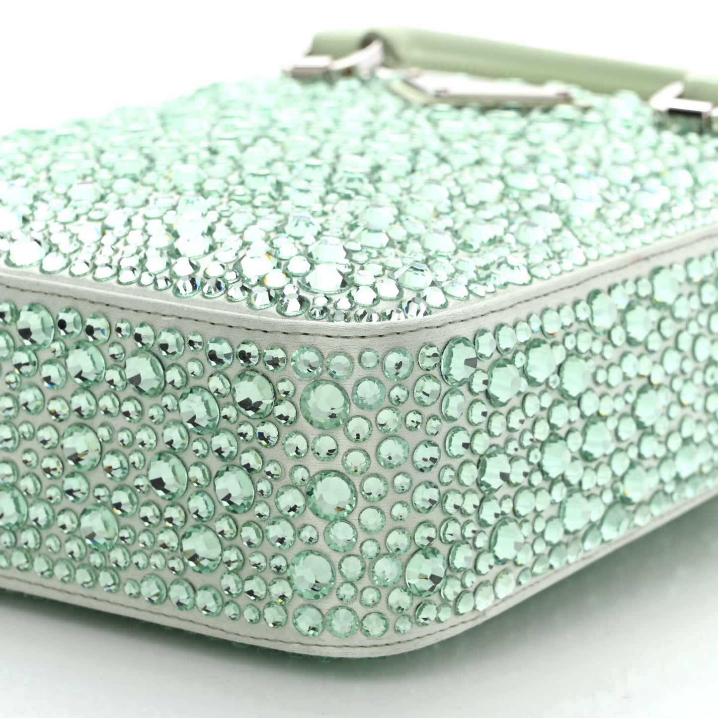 Satin Crystal Metal Triangle Logo Small Double Handle Crossbody Tote Acqua