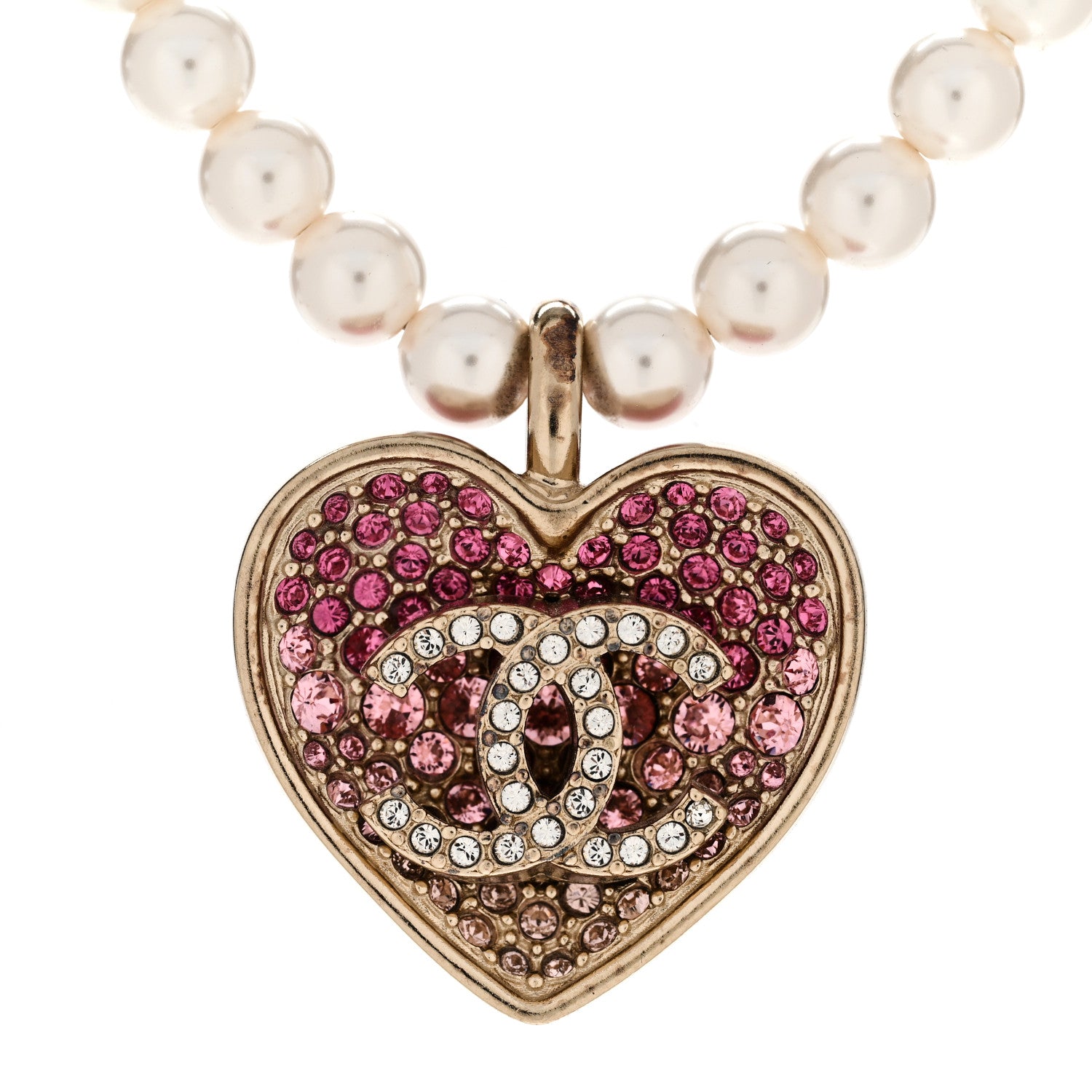 Chanel Pearl Crystal Resin CC Heart Short Necklace Pink Gold White 4 of 7
