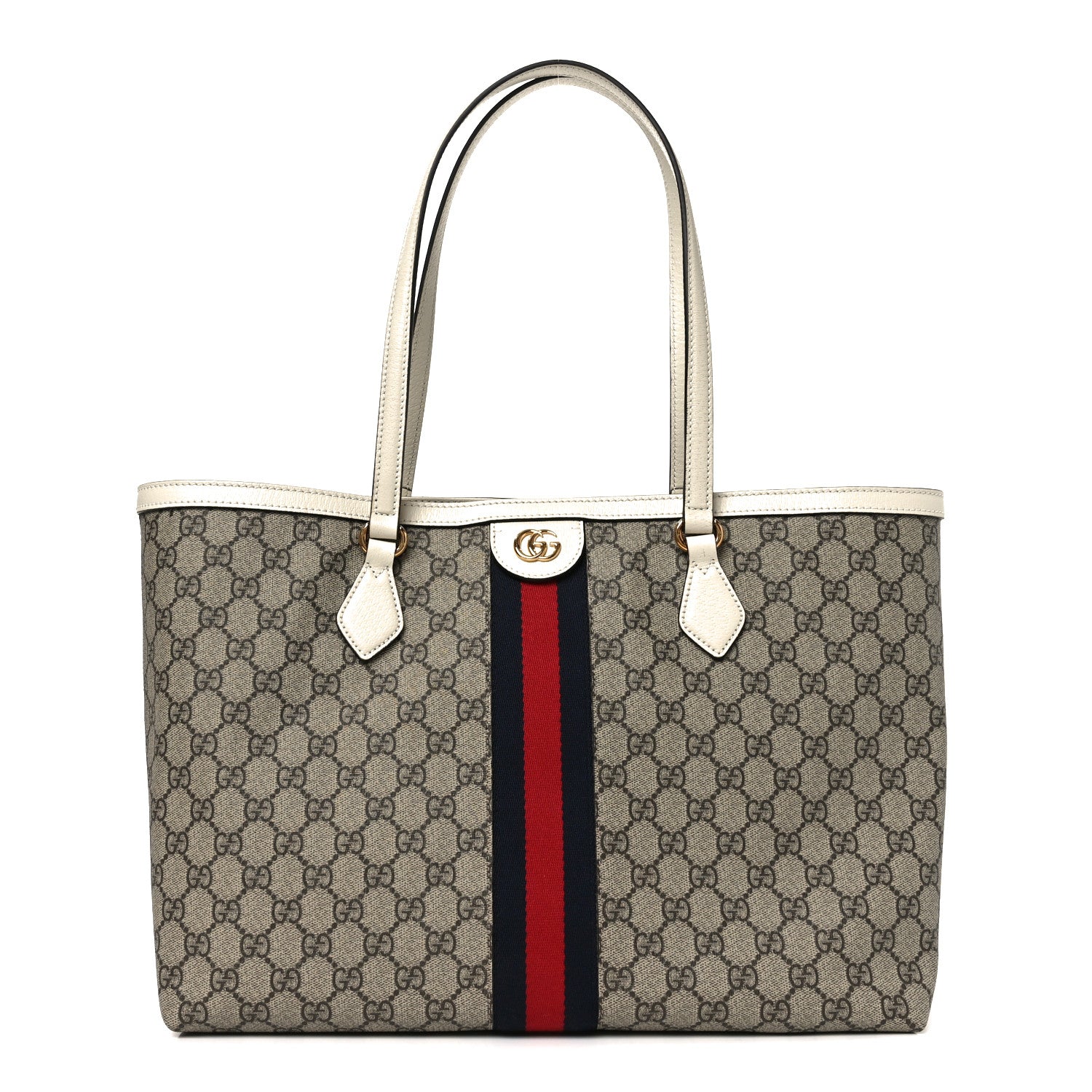 Gucci GG Supreme Monogram Textured Dollar Calfskin Web Medium Ophidia Shopping Tote Beige Ebony Mystic White 1 of 10
