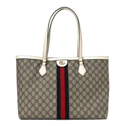 Gucci GG Supreme Monogram Textured Dollar Calfskin Web Medium Ophidia Shopping Tote Beige Ebony Mystic White 1 of 10