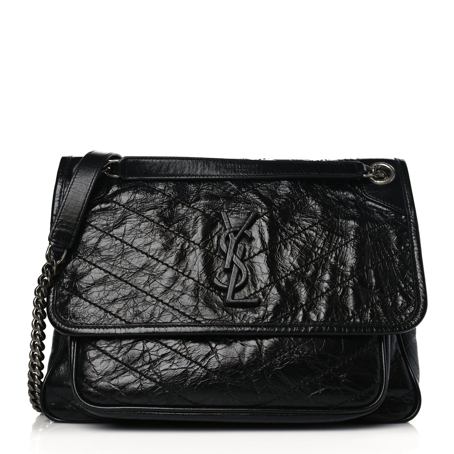 Crinkled Calfskin Matelasse Monogram Medium Niki Chain Satchel Black