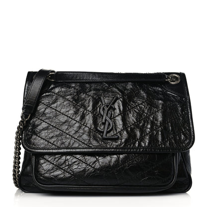 Saint Laurent Crinkled Calfskin Matelasse Monogram Medium Niki Chain Satchel Black 1 of 9