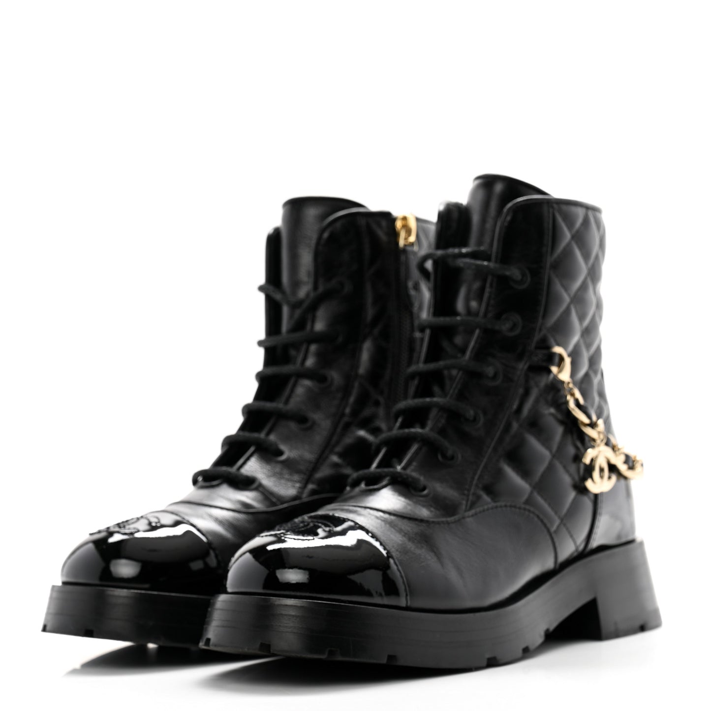 Shiny Calfskin Patent Quilted Chain Lace Up Combat Boots 36 Black