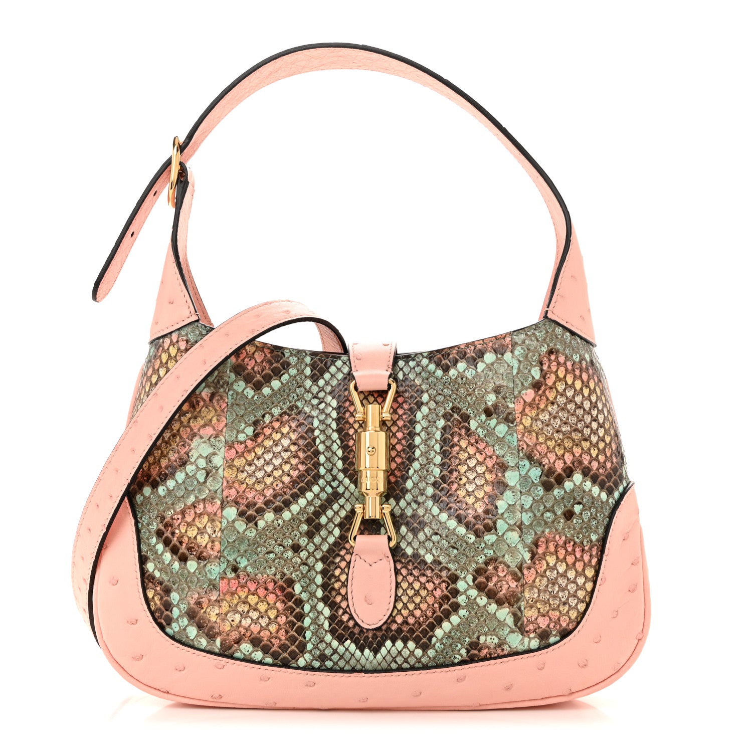 Gucci Snakeskin Ostrich Calfskin Small Jackie 1961 Hobo Pink Multicolor 1 of 12