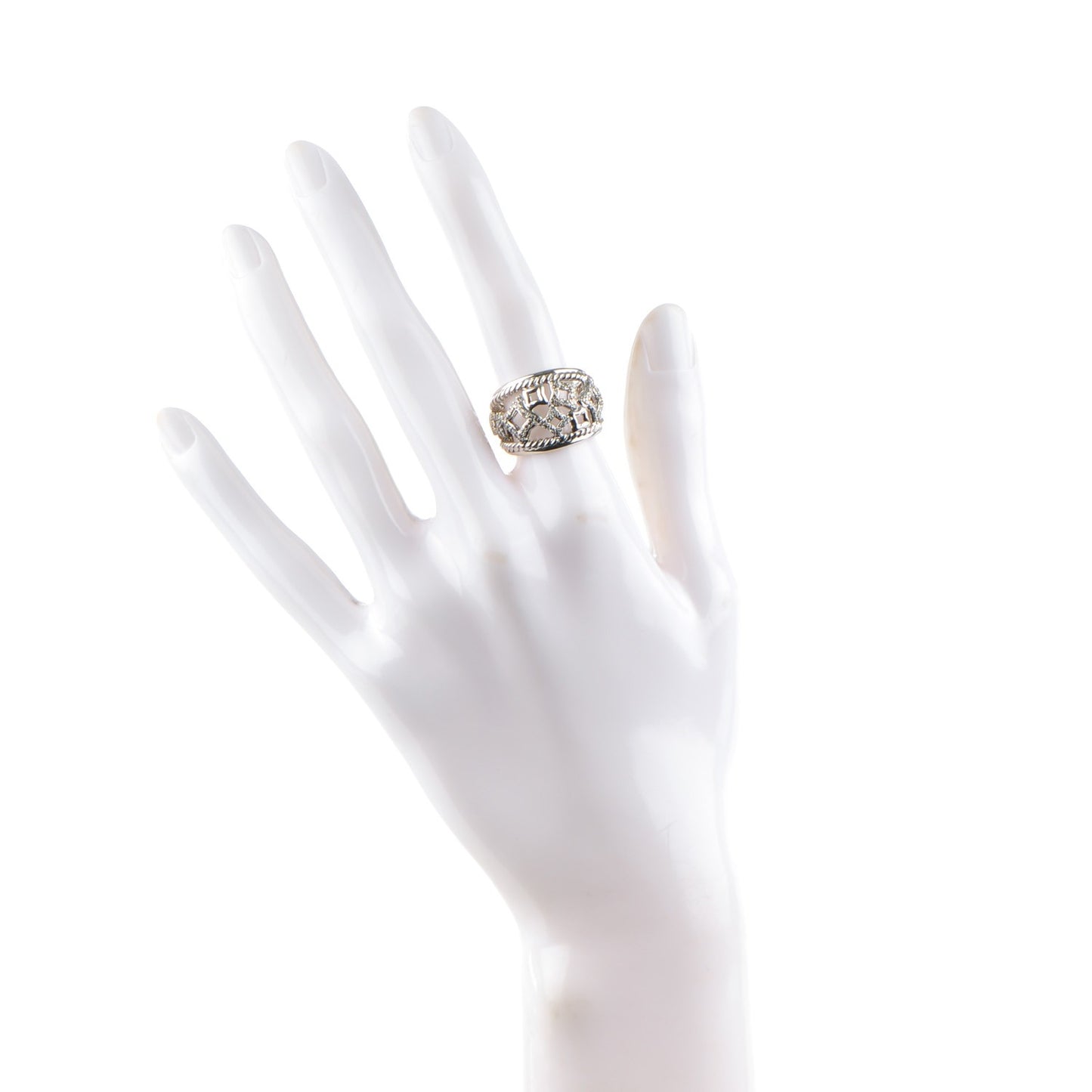 Sterling Silver Pave Diamond 16mm Quatrefoil Ring 53 6.5