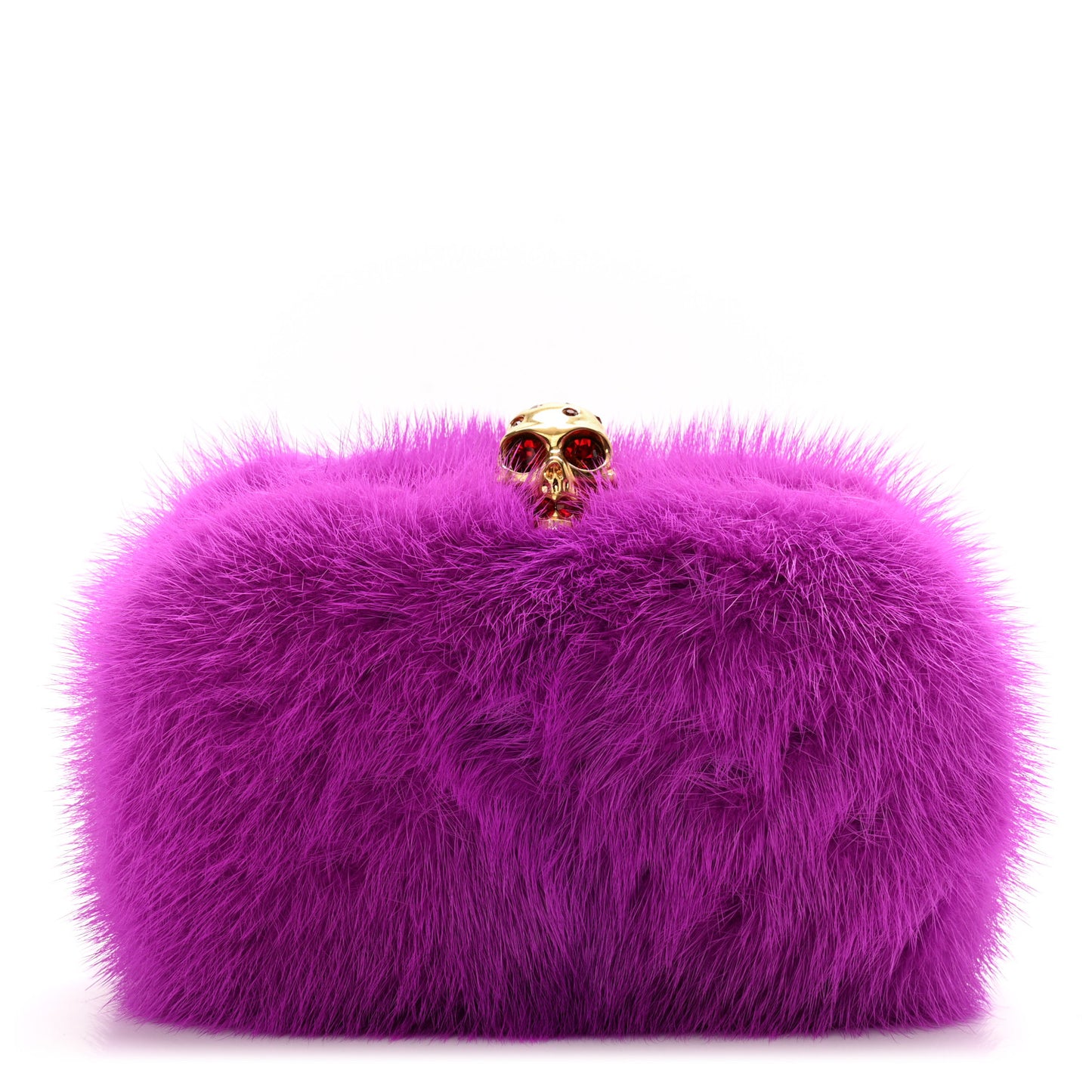 Mink Fur Britannia Skull Box Clutch Fuchsia