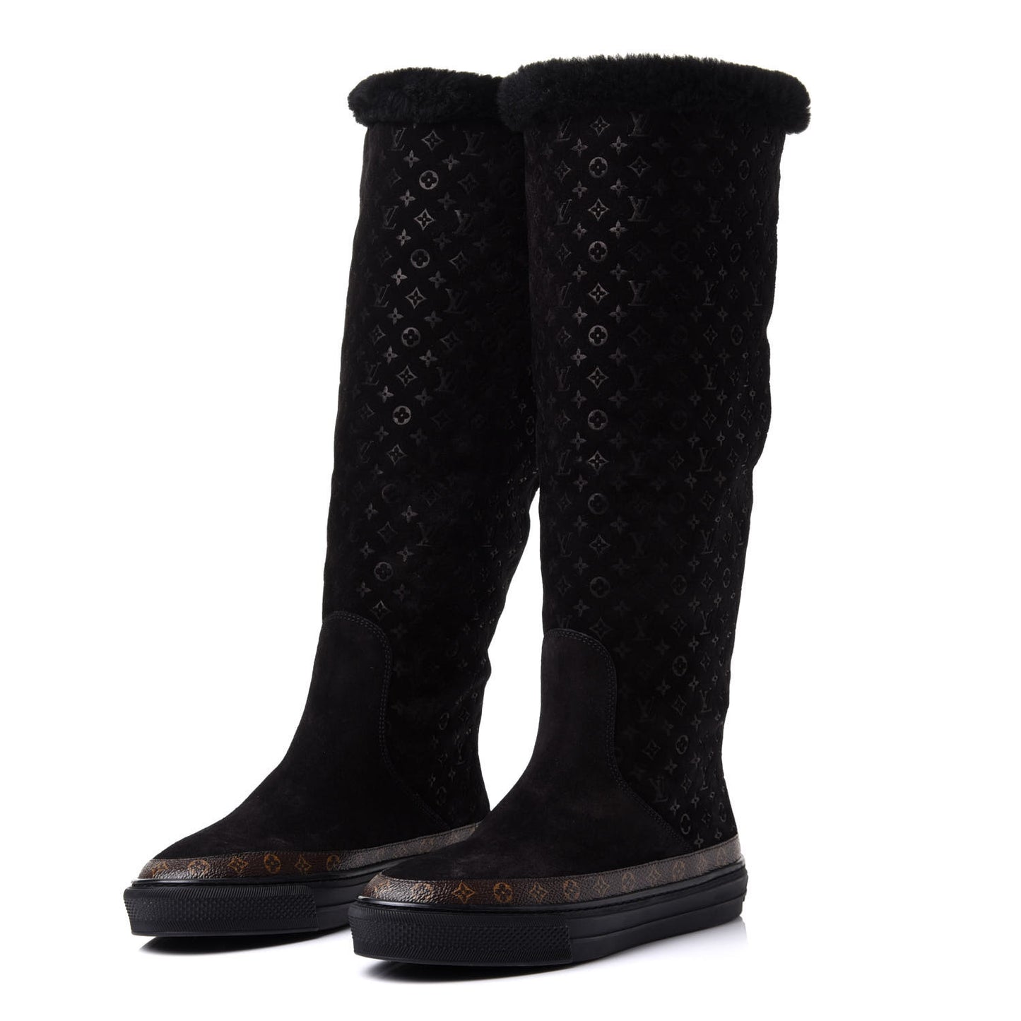 Suede Calfskin Monogram Embossed Snowball Flat Half Boots 35.5 Black
