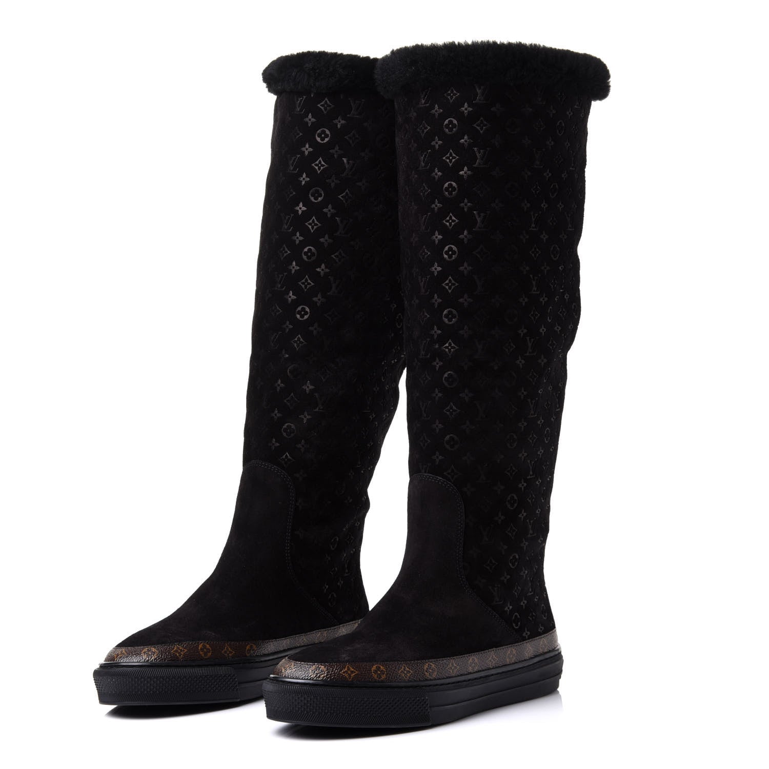 Louis Vuitton Suede Calfskin Monogram Embossed Snowball Flat Half Boots 35.5 Black 3 of 8
