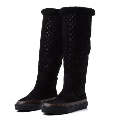 Louis Vuitton Suede Calfskin Monogram Embossed Snowball Flat Half Boots 35.5 Black 3 of 8