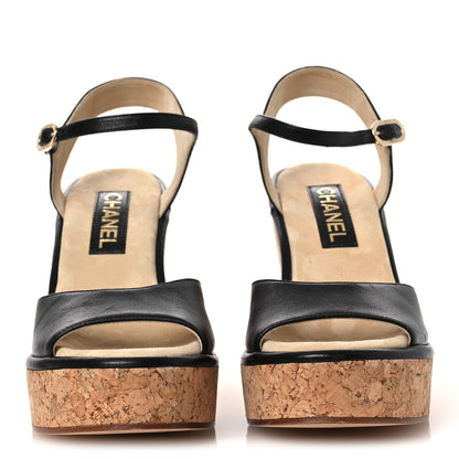 Chanel Shiny Lambskin Cork Wedge Sandals 40 Black 3 of 11
