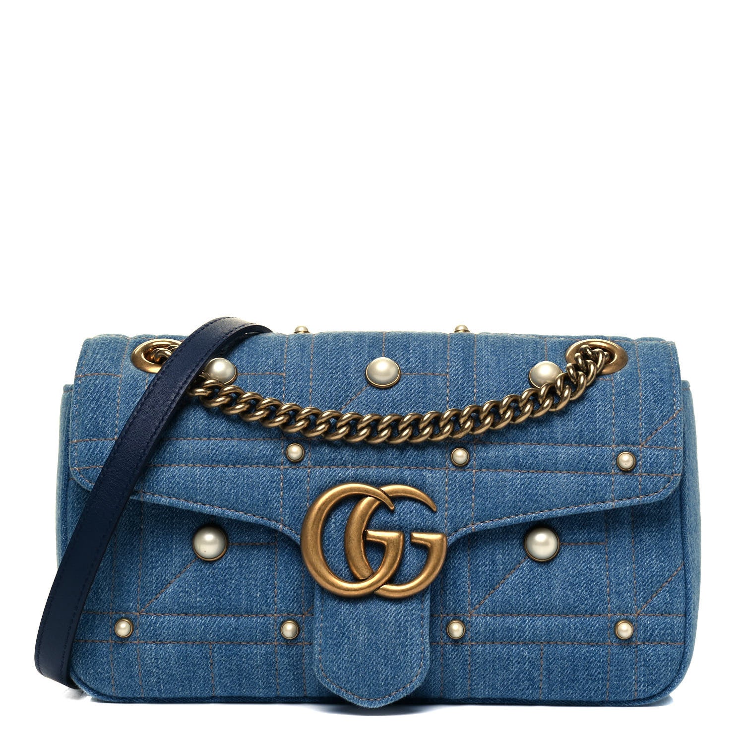 Gucci Denim Matelasse Pearl Studded Small GG Marmont Shoulder Bag Blue 1 of 9