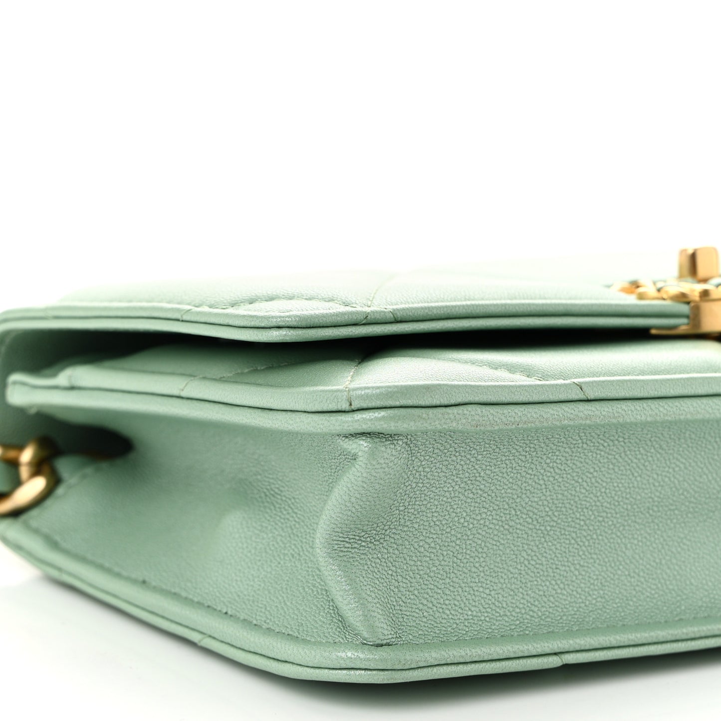 Shiny Lambskin Quilted Chanel 19 Wallet On Chain WOC Light Green