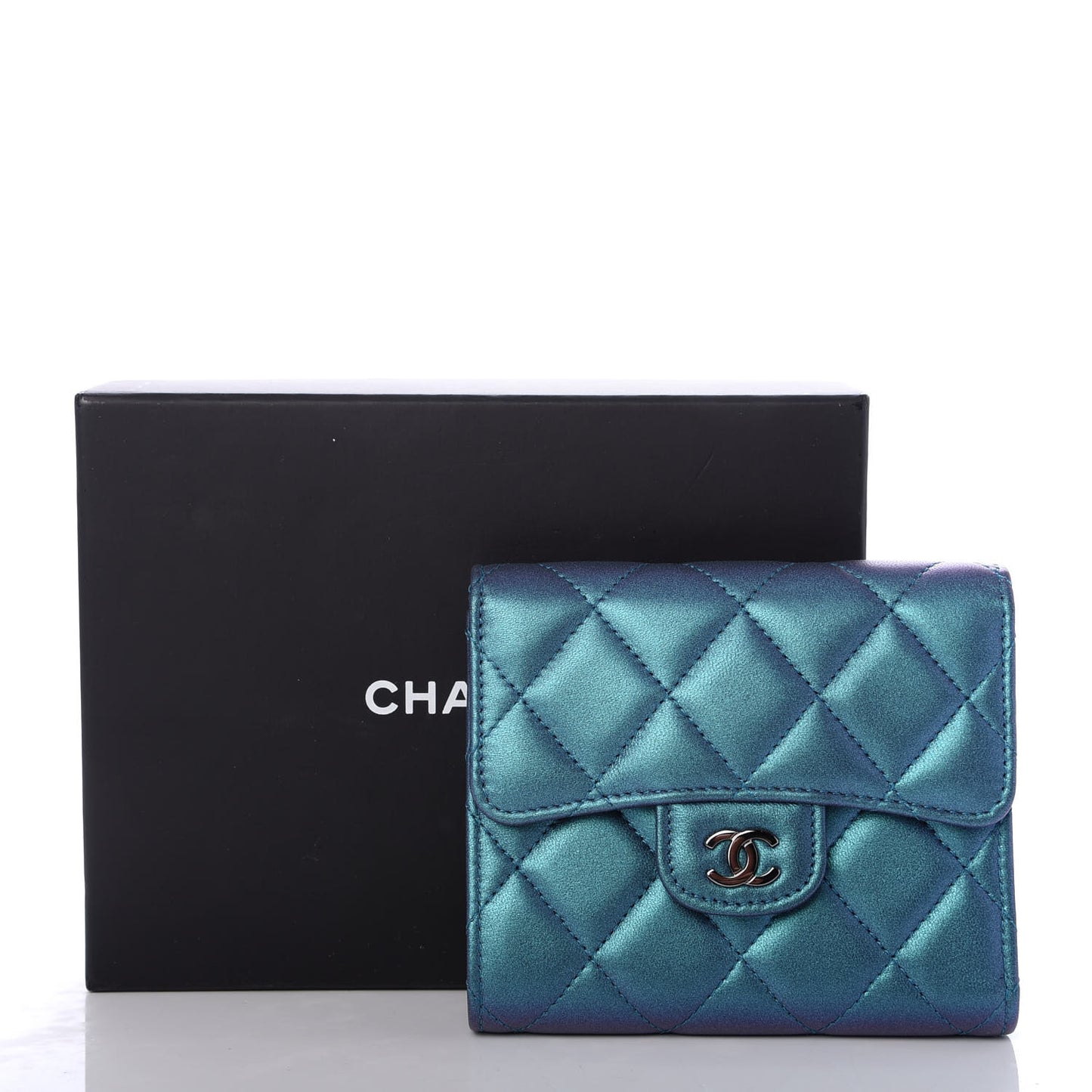 Iridescent Lambskin Quilted Small Compact Wallet Turquoise