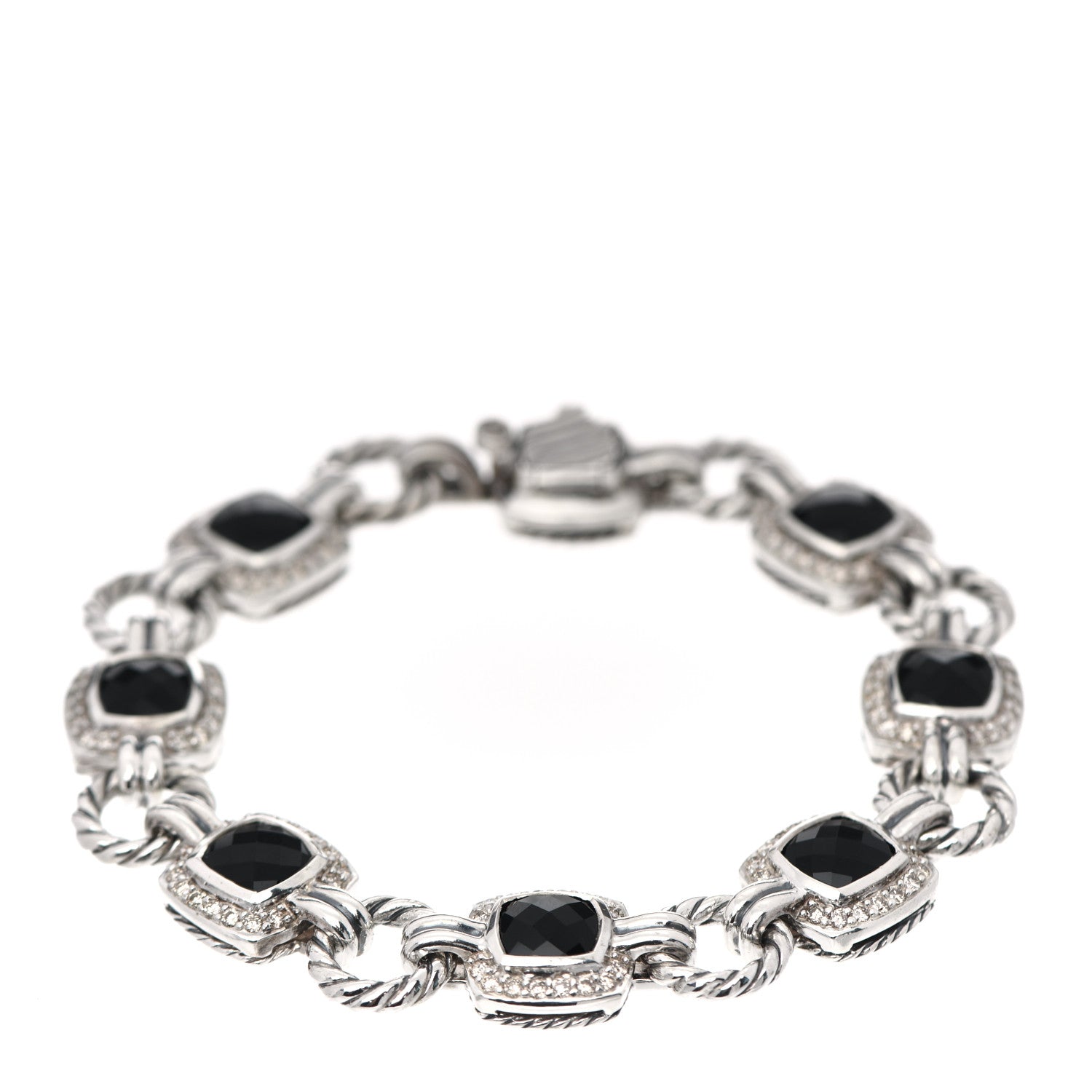 David Yurman Sterling Silver Diamond Black Onyx Albion Cable Link Bracelet 1 of 4