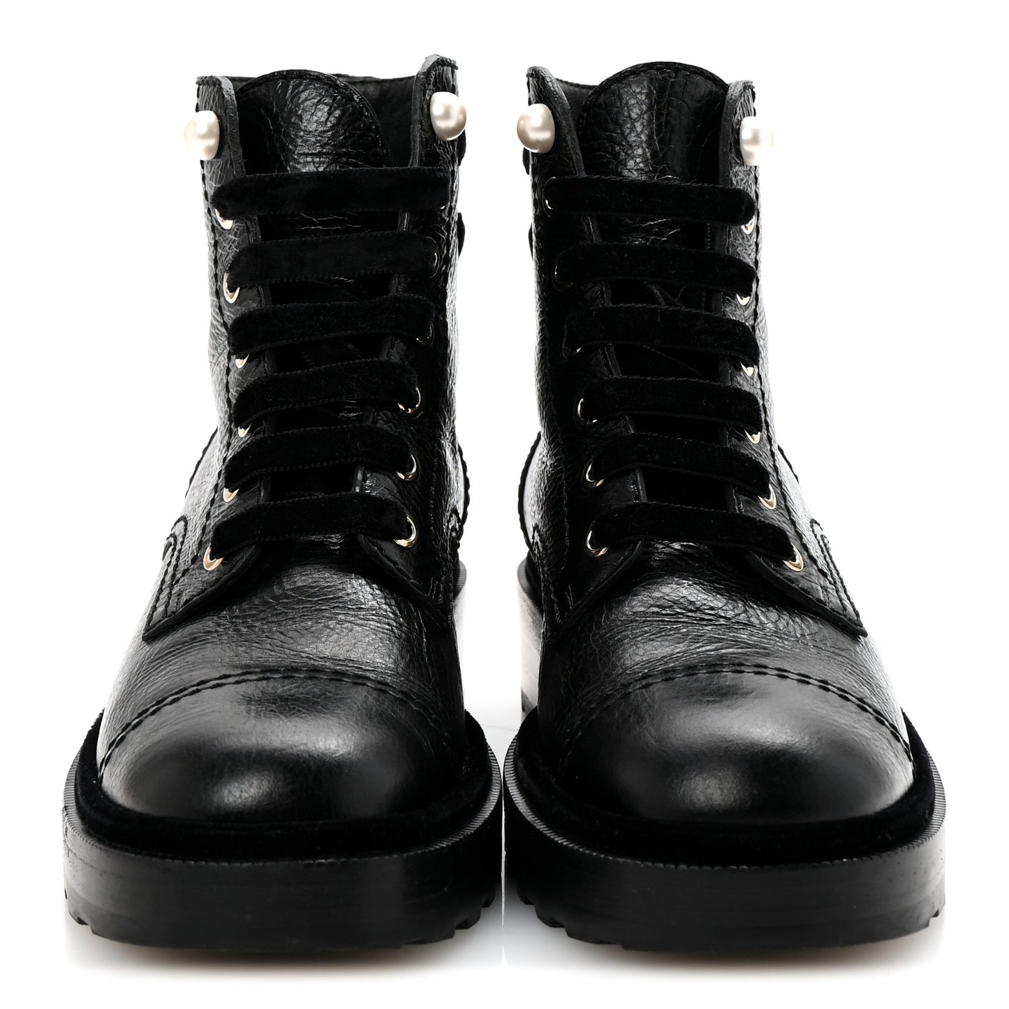 Shiny Calfskin Velvet Pearl Combat Short Boots 37 Black