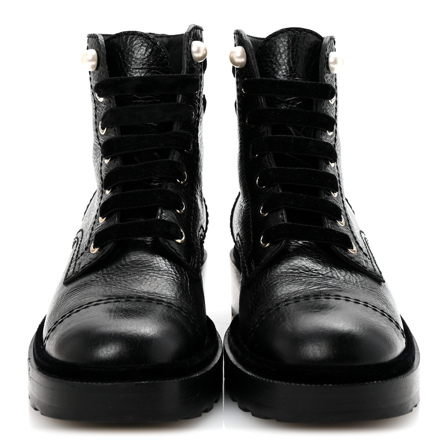 Chanel Shiny Calfskin Velvet Pearl Combat Short Boots 37 Black 3 of 10