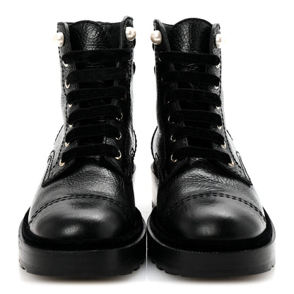 Chanel Shiny Calfskin Velvet Pearl Combat Short Boots 37 Black 3 of 10