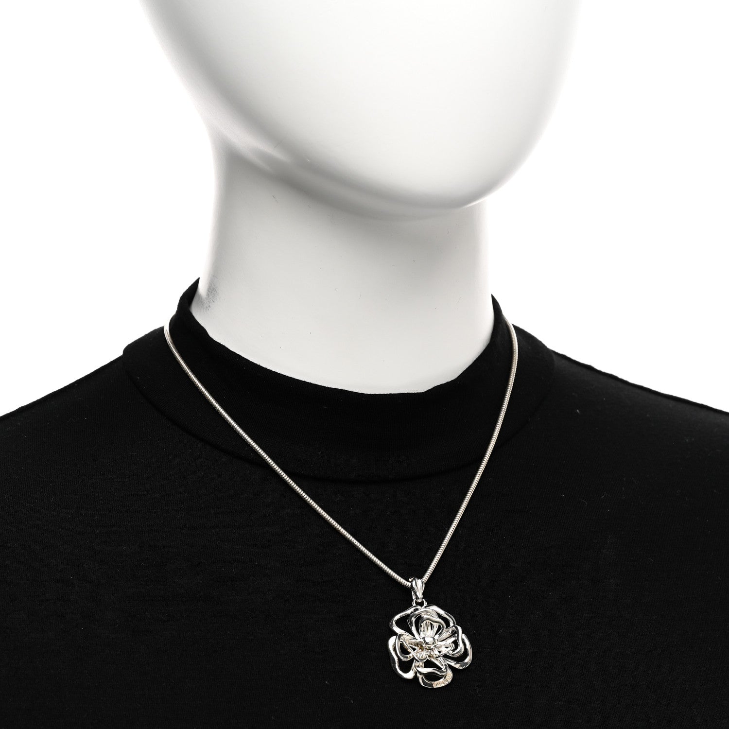 Chanel Sterling Silver Camellia Pendant Necklace 2 of 5