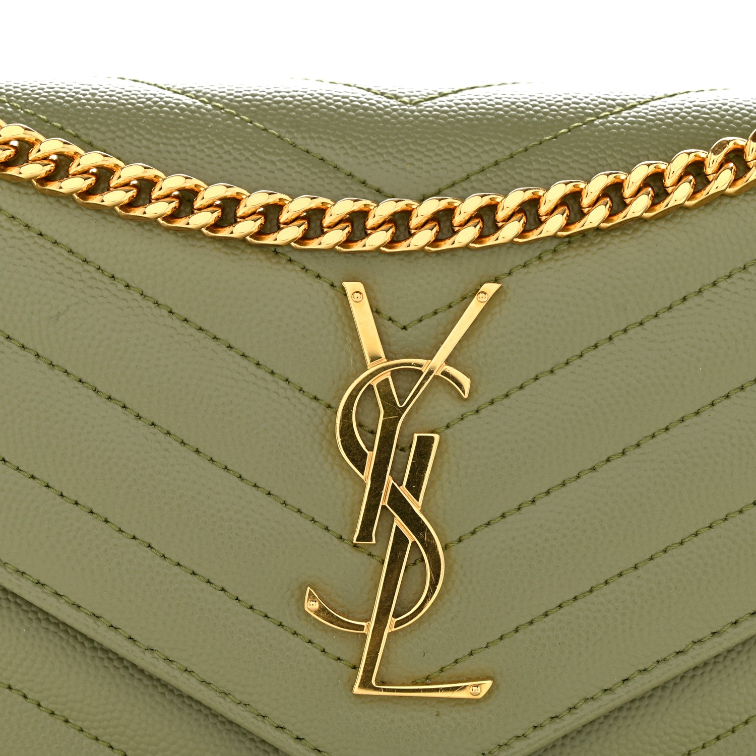 Saint Laurent Grain De Poudre Matelasse Chevron Monogram Chain Wallet Pistachio 12 of 12