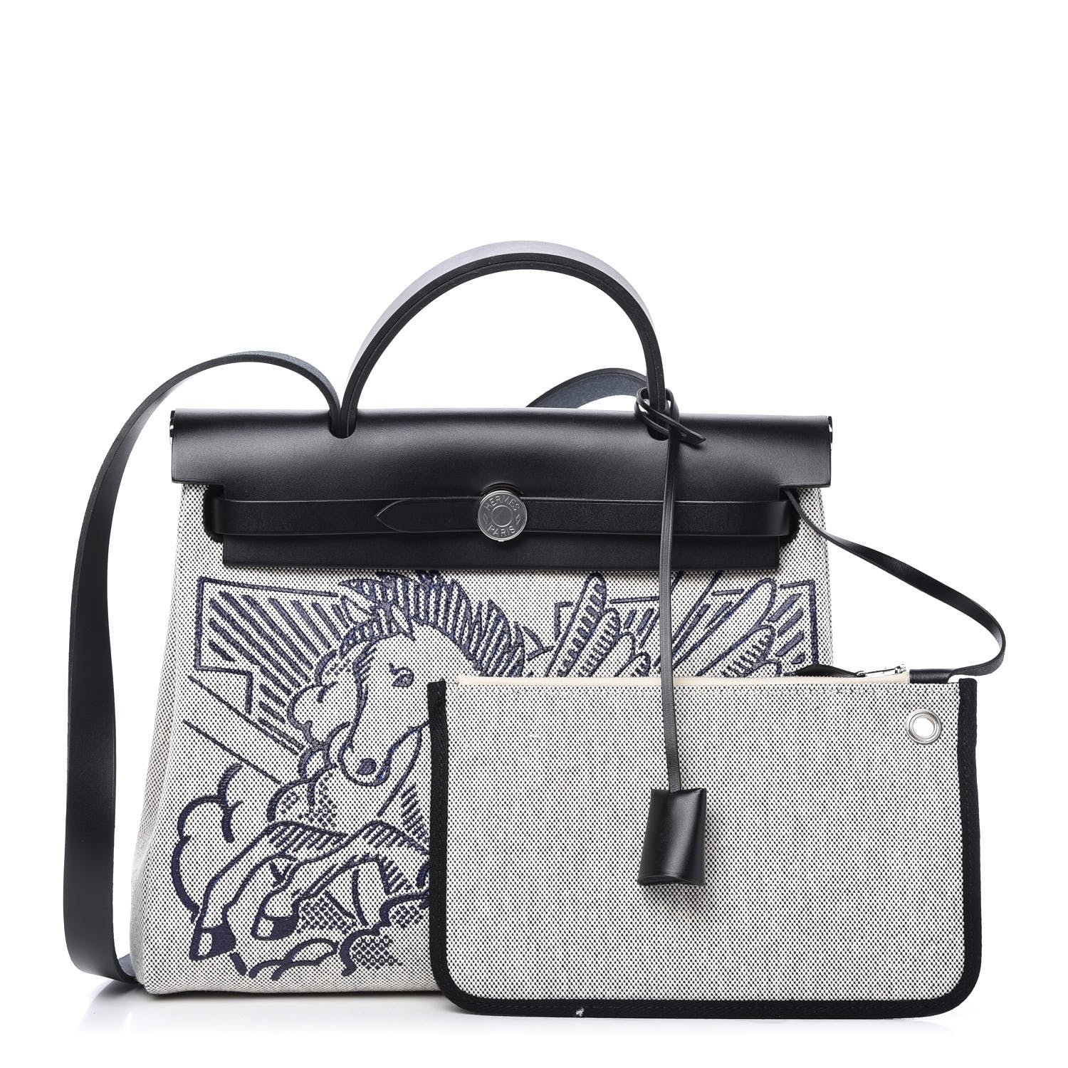 Hermes Vache Hunter Toile H Pegase Pop Herbag Zip Retourne 31 PM Bleu Indigo Ecru Black 1 of 11