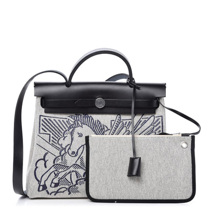 Hermes Vache Hunter Toile H Pegase Pop Herbag Zip Retourne 31 PM Bleu Indigo Ecru Black 1 of 11