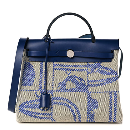 Hermes Vache Hunter Toile H Brides de Gala Herbag Zip Retourne 31 PM Bleu De France Ecru Black 3 of 18