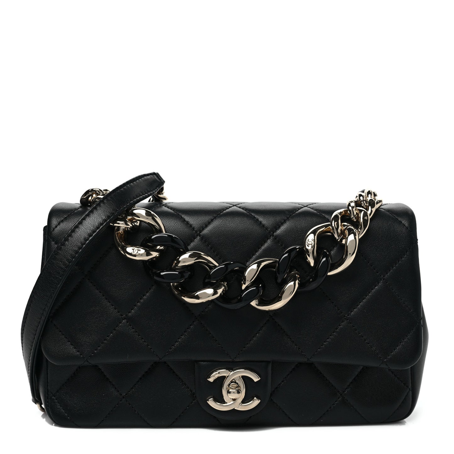 Lambskin Quilted Resin Bi-Color Chain Flap Bag Black