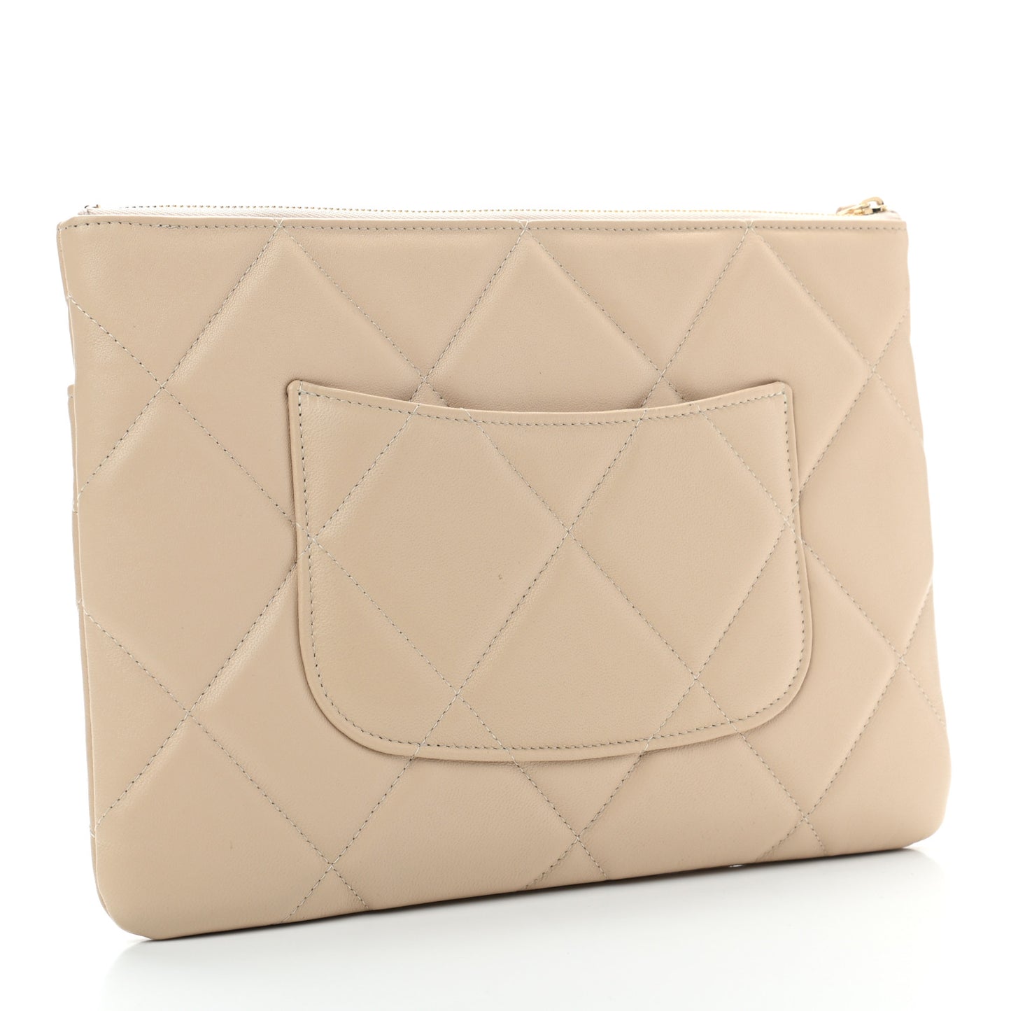 Shiny Goatskin Quilted Chanel 19 Pouch Beige