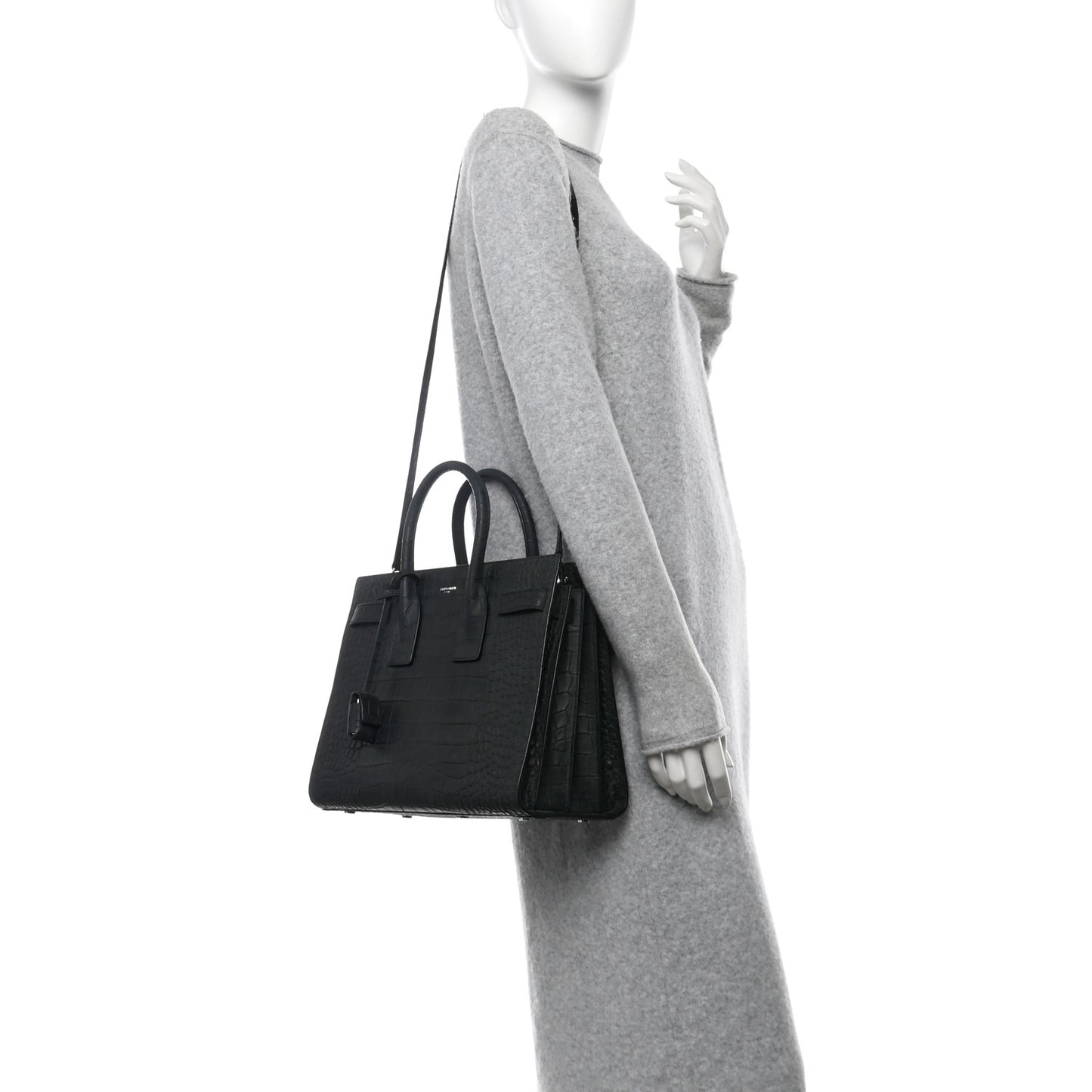 Calfskin Crocodile Embossed Small Sac de Jour Dusty Black