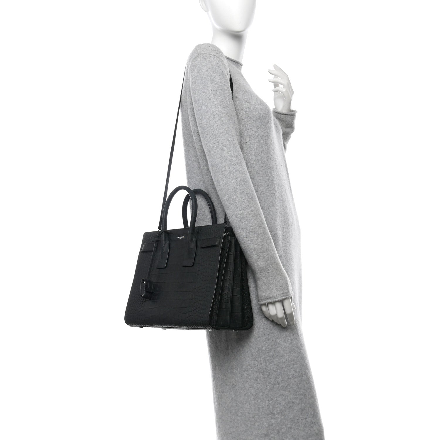 Saint Laurent Calfskin Crocodile Embossed Small Sac de Jour Dusty Black 2 of 10