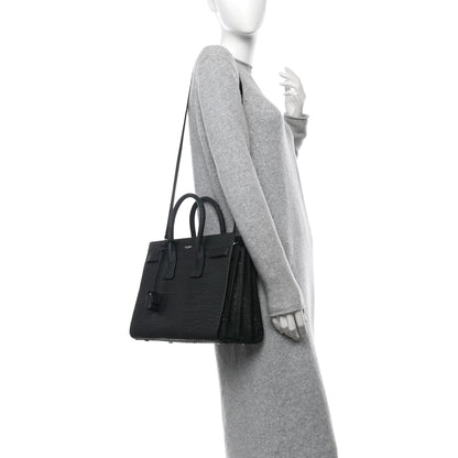 Saint Laurent Calfskin Crocodile Embossed Small Sac de Jour Dusty Black 2 of 10