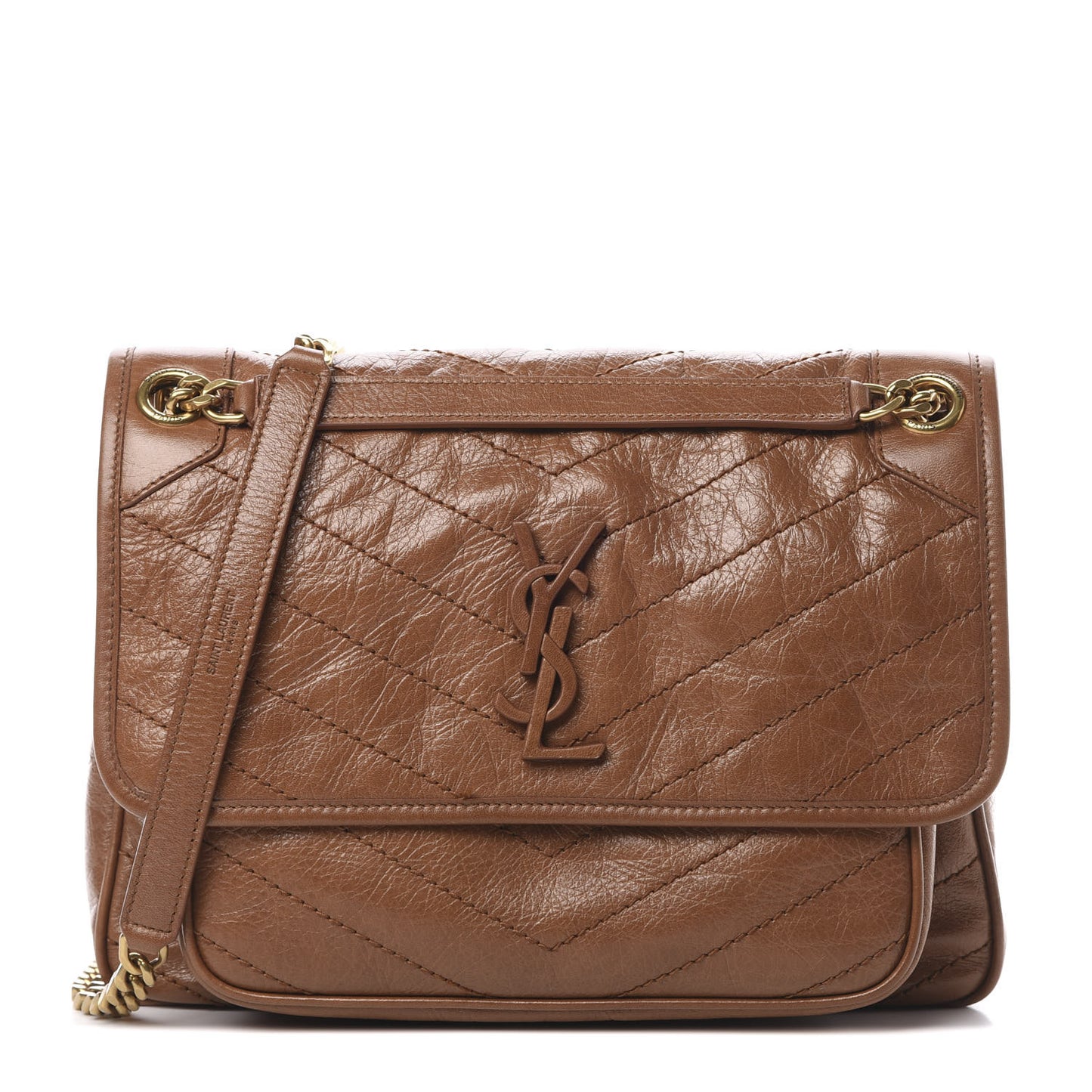 Crinkled Calfskin Matelasse Monogram Medium Niki Chain Satchel Caramel