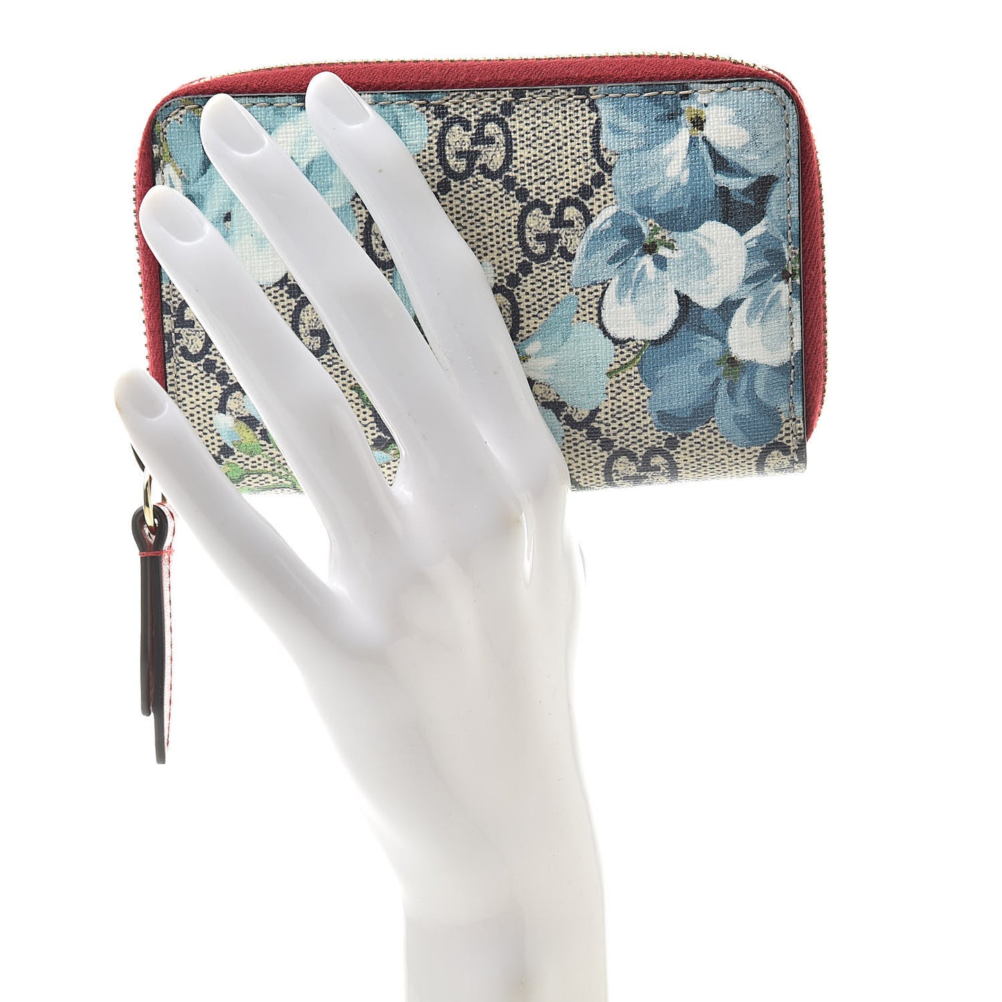 GG Supreme Monogram Blooms Zip Around Card Case Wallet Beige Blue Navy Hibiscus Red