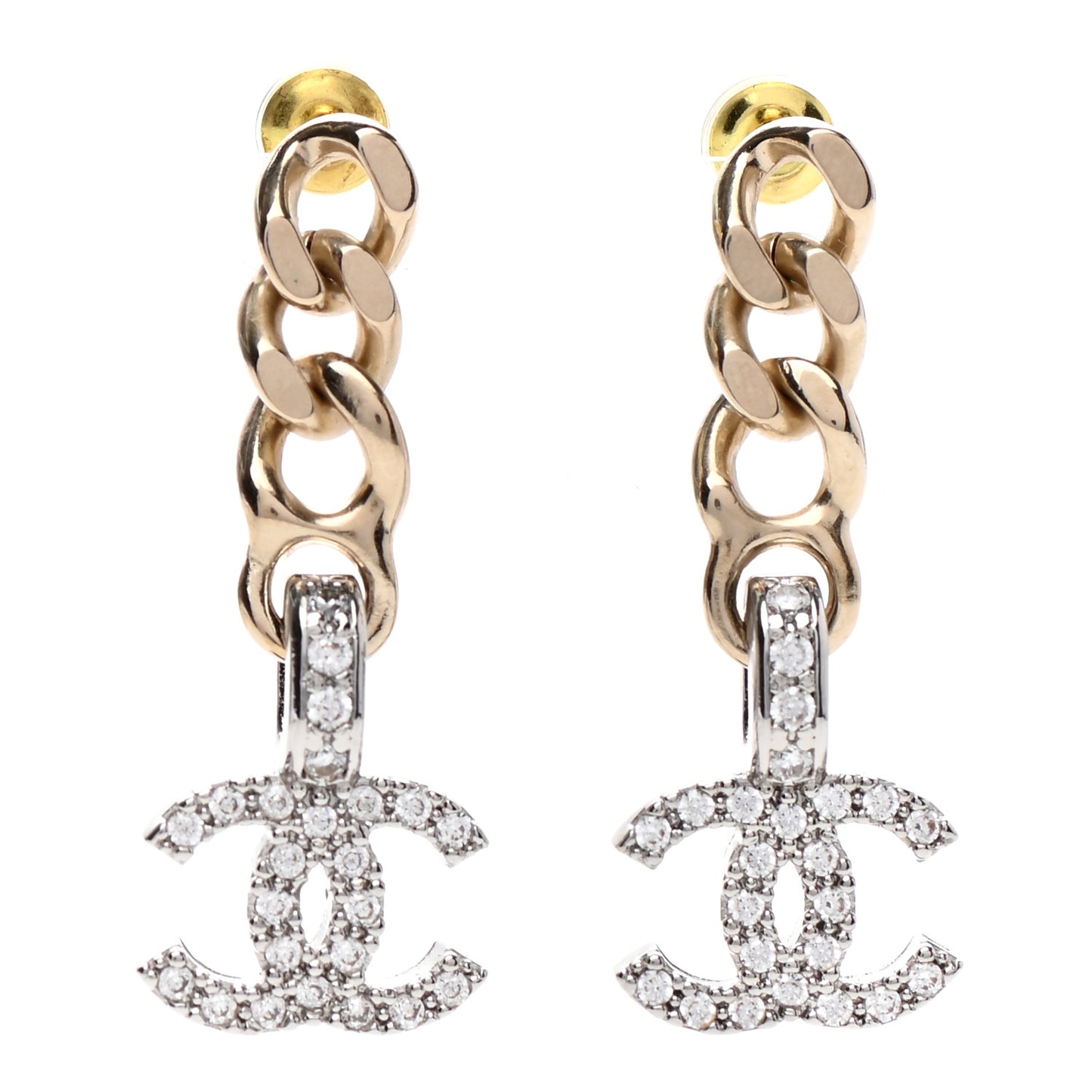 Metal Crystal CC Chain Drop Earrings Gold