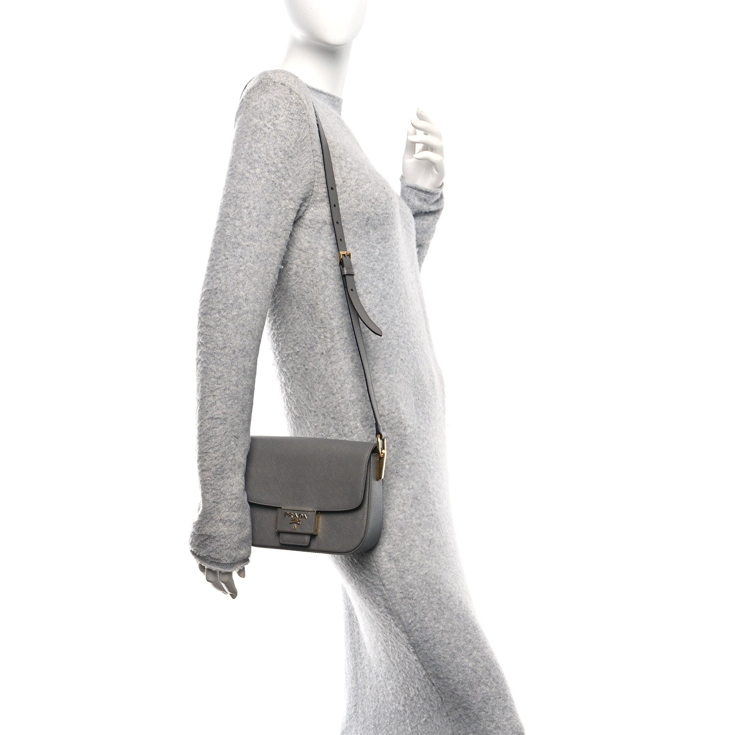 Prada Saffiano Lux Embleme Flap Shoulder Bag Grey 1807372