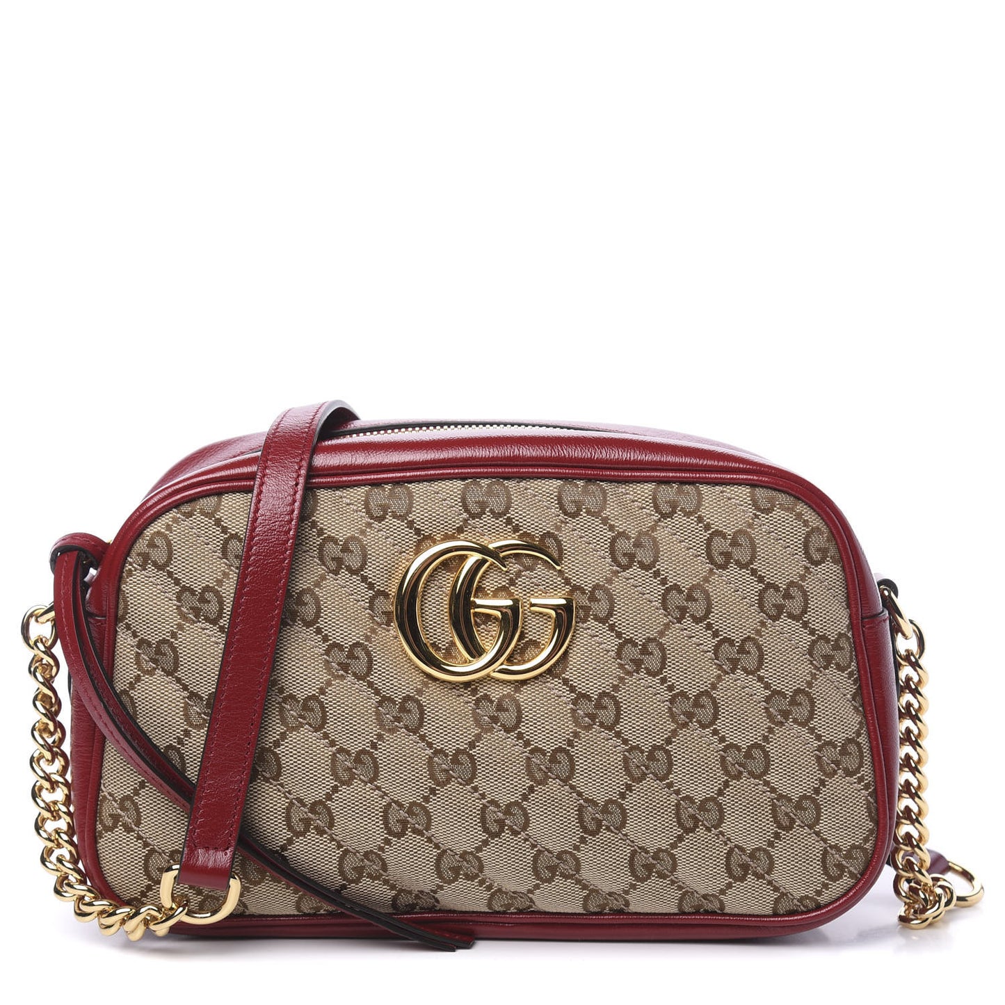 Monogram Azalea Calfskin Matelasse Diagonal Small GG Marmont Chain Shoulder Bag Beige Ebony New Cherry Red